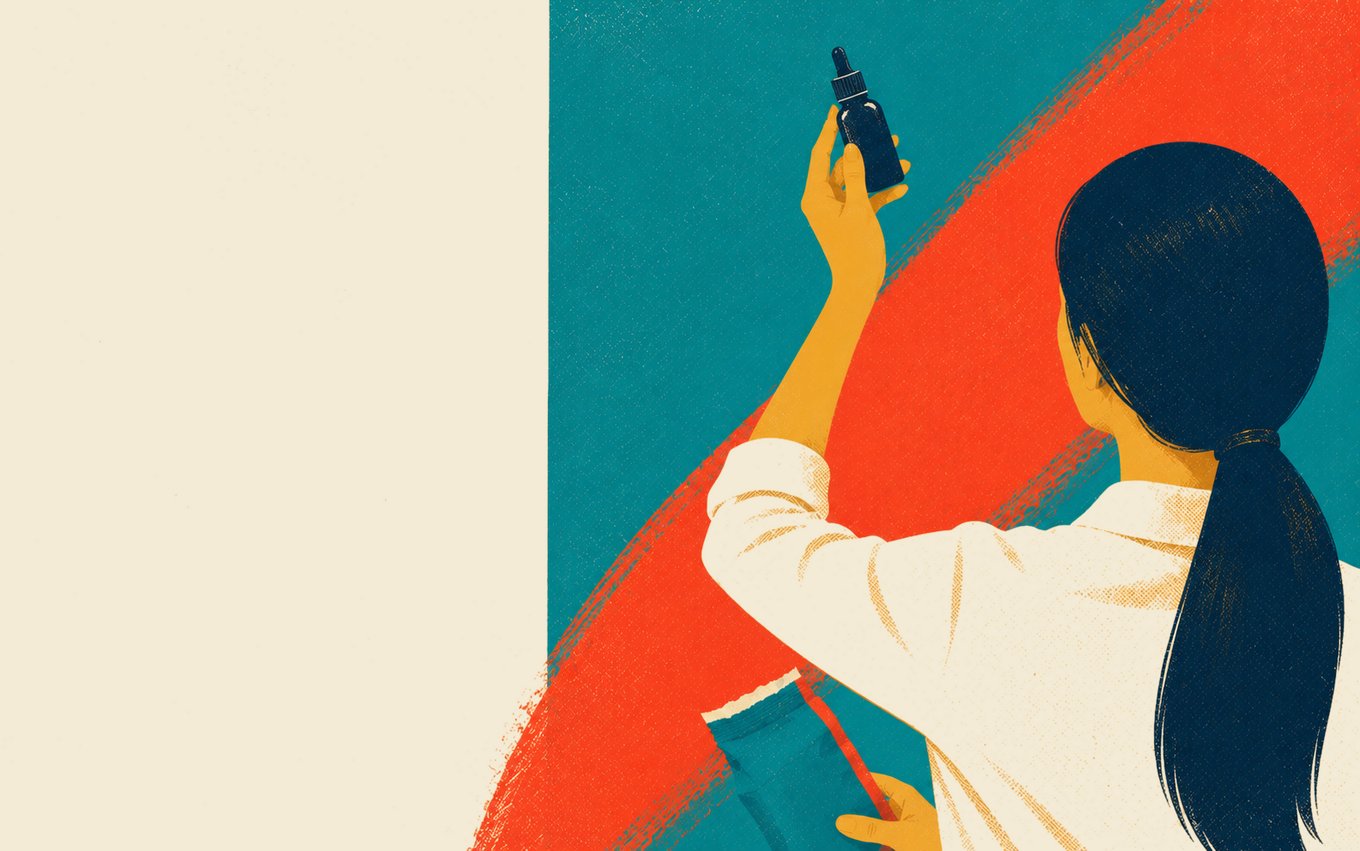 Poster illustration of a woman with long dark hair seen from behind in a rolled-sleeve shirt, holding a skincare dropper bottle up to the light and a snack packet in her other hand