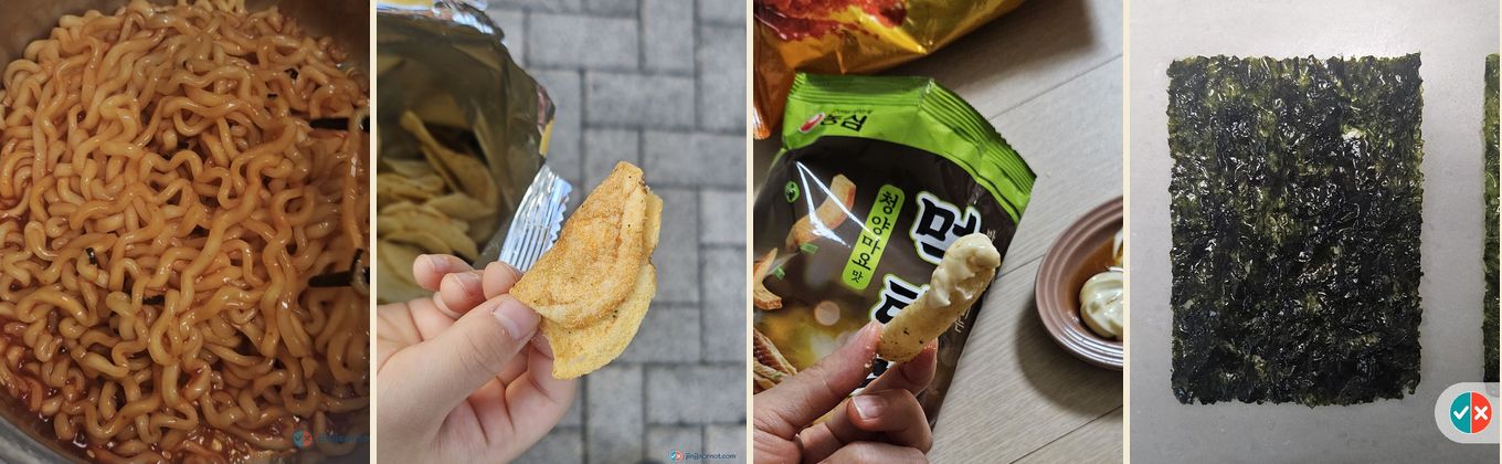 Korean snacks and ramyeon I bought and ate in Korea: buldak carbonara with pork belly, a honey butter chip, a corn snack with mayonnaise, and three seaweed sheets compared