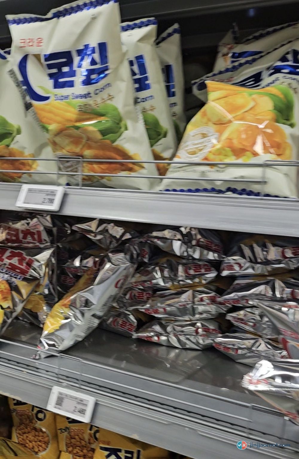 Crown Corn Chip bags on a Korean supermarket shelf, the older corn snack Koreans grew up on