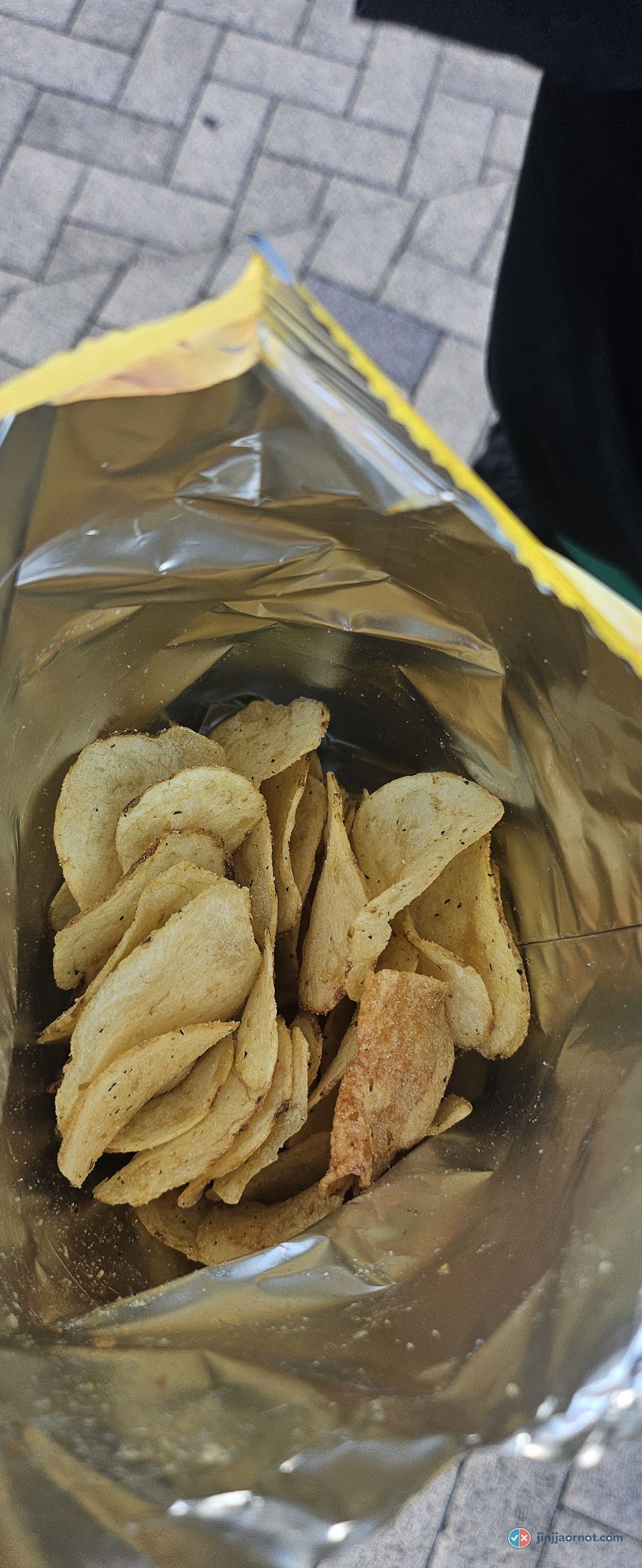 An opened bag of Honey Butter Chip seen from above, showing how much air is in the bag