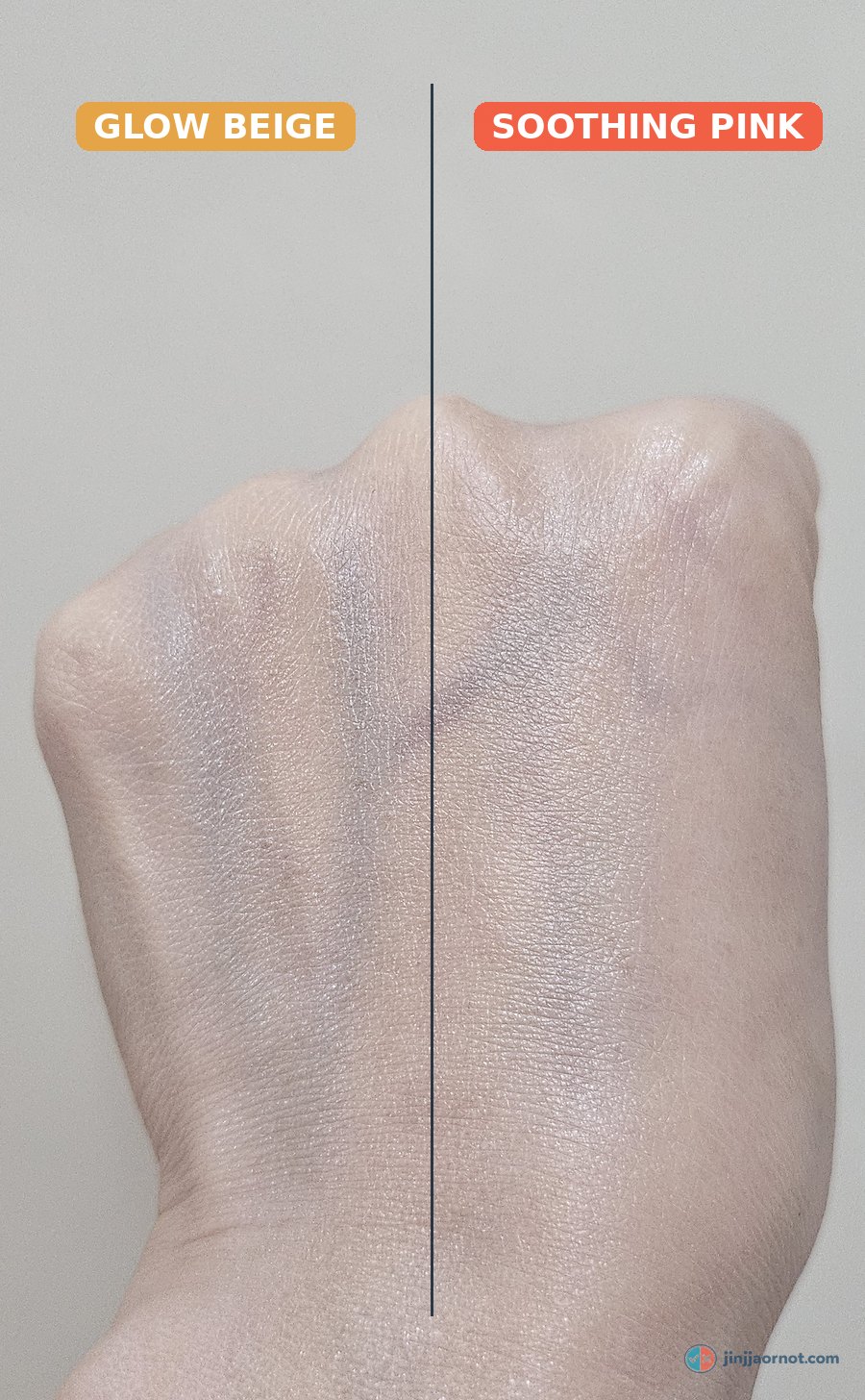 Back of a hand with Glow Beige tone up sun cream on the left and Soothing Pink on the right, separated by a line, after absorbing