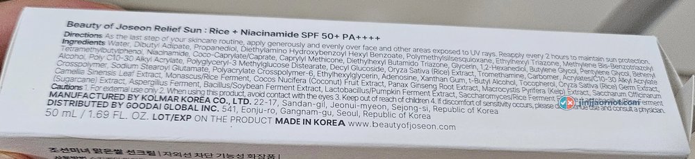 The same Relief Sun box printing the ingredient list in English above and Korean below