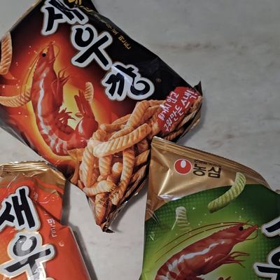 Three Nongshim Saewookkang shrimp snack bags